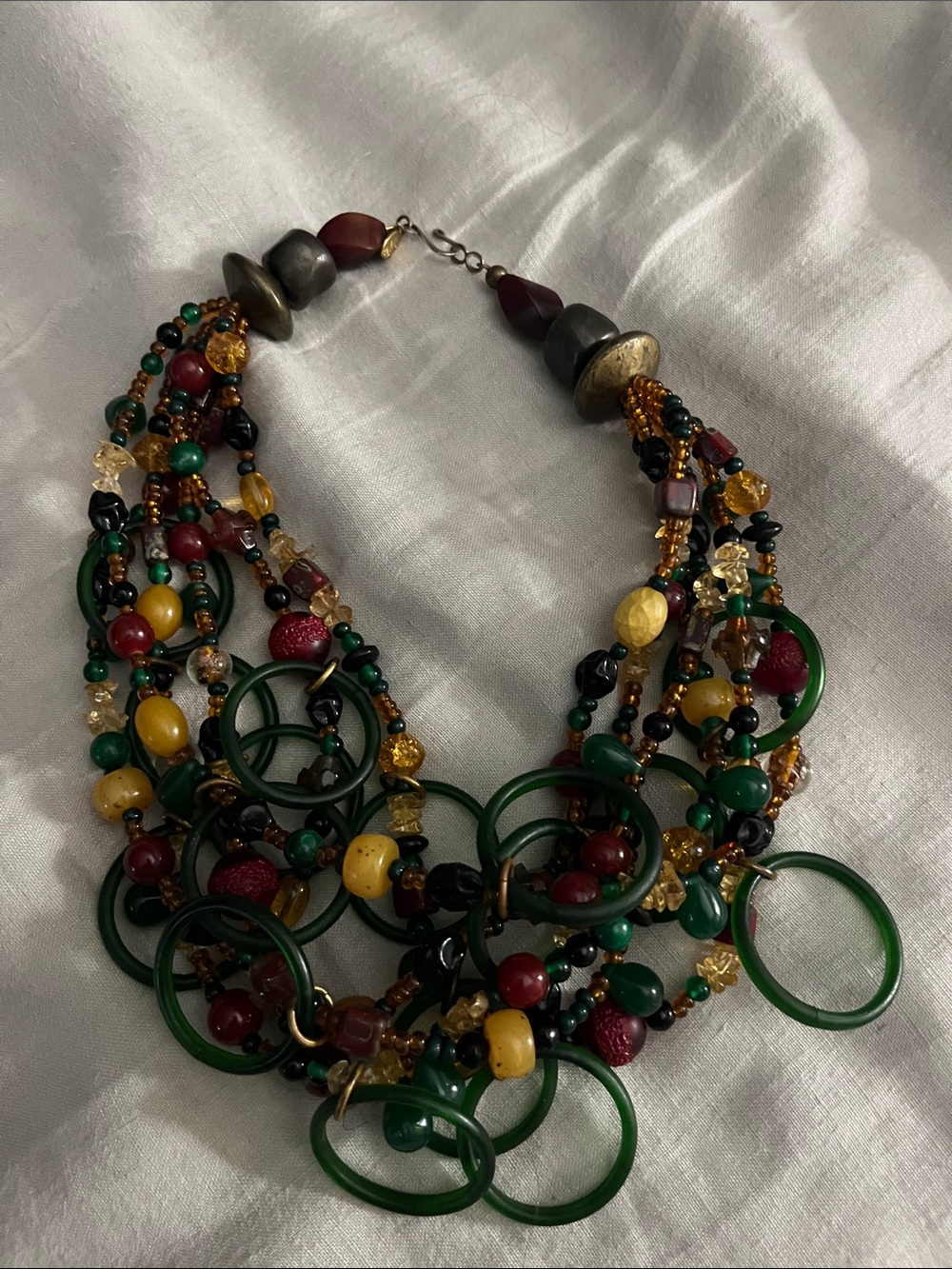 Multicolor Beaded Statement Necklace with Green Rings